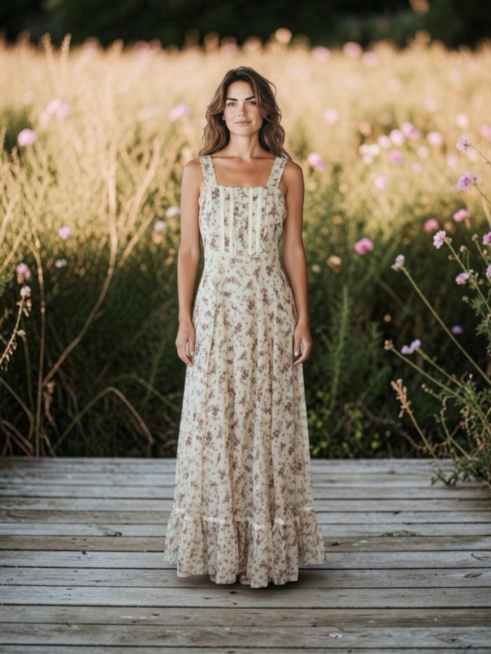 Jessica McClintock Gunne Sax Vintage Floral Cream Maxi Prairie Dress Size 5/S